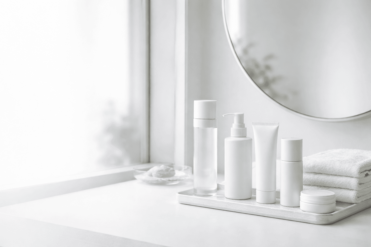 白い洗面台に並んだスキンケア用品